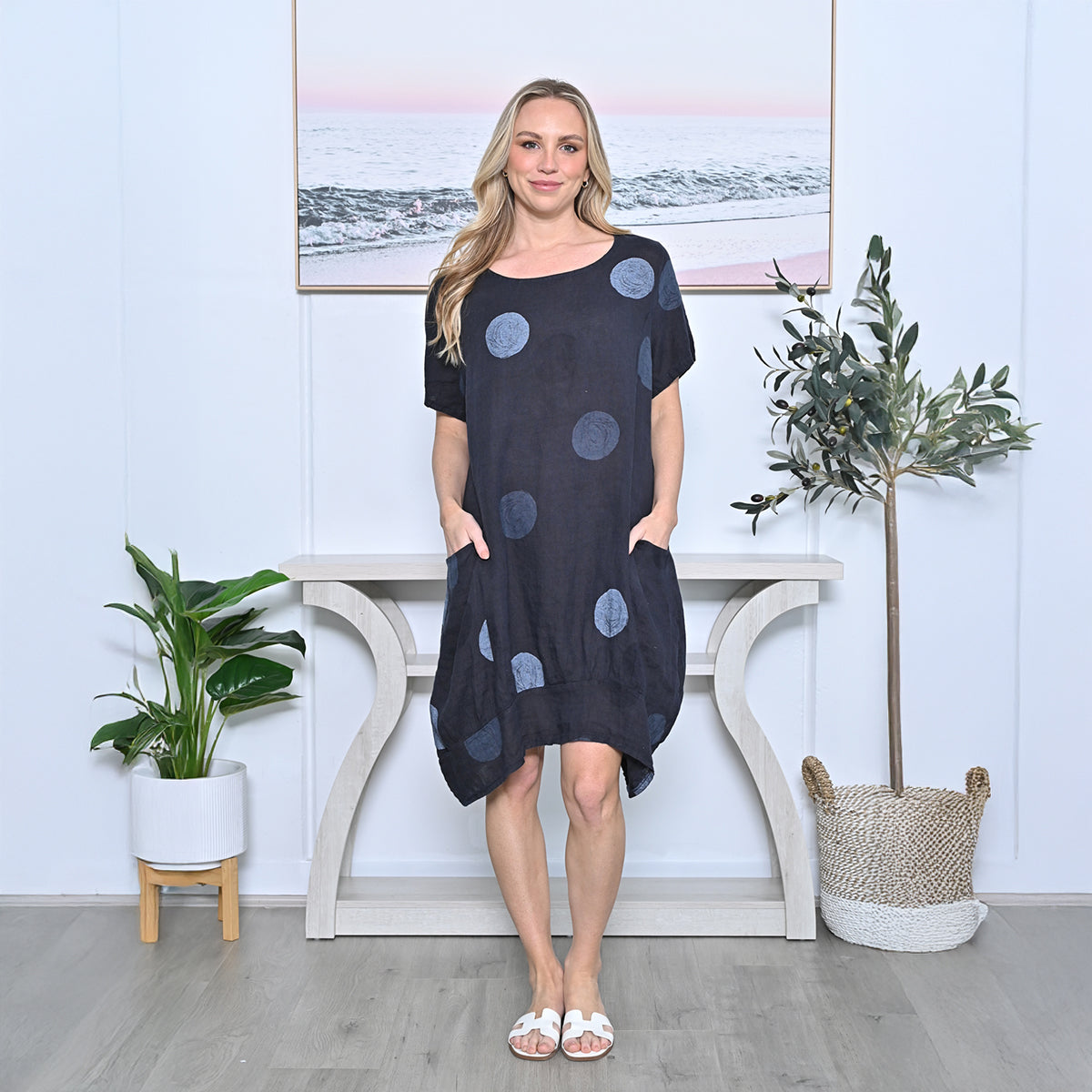 Circle Print Cocoon Linen Dress