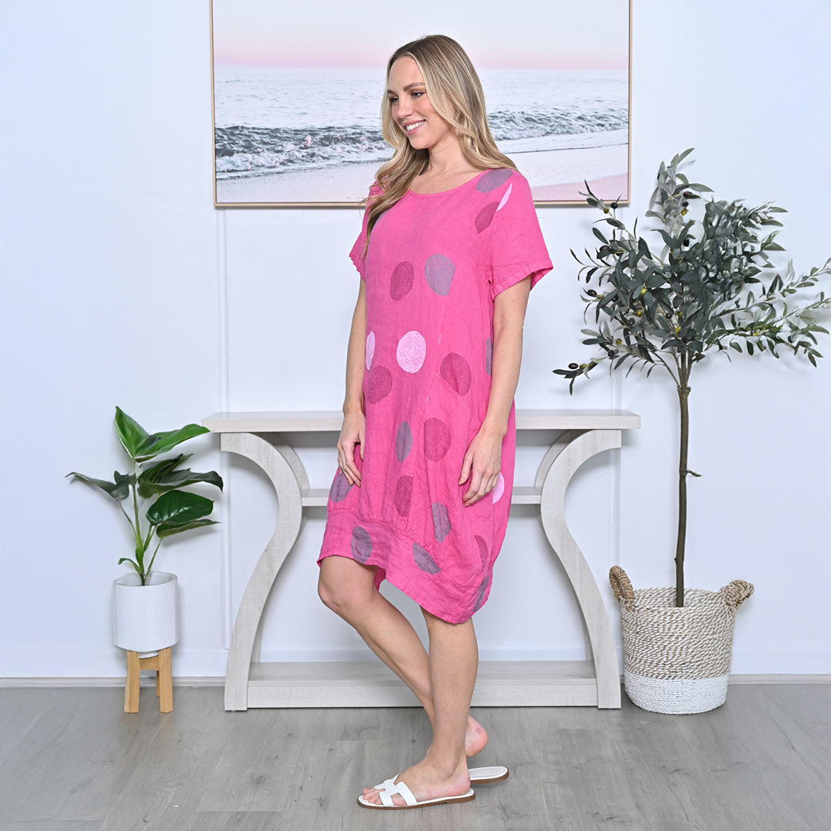 Circle Print Cocoon Linen Dress