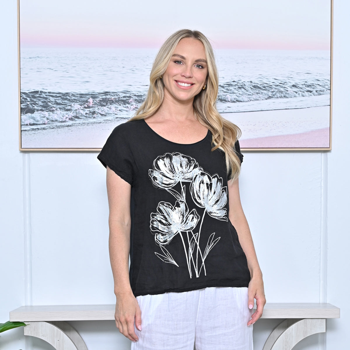 Silver Floral Linen Top