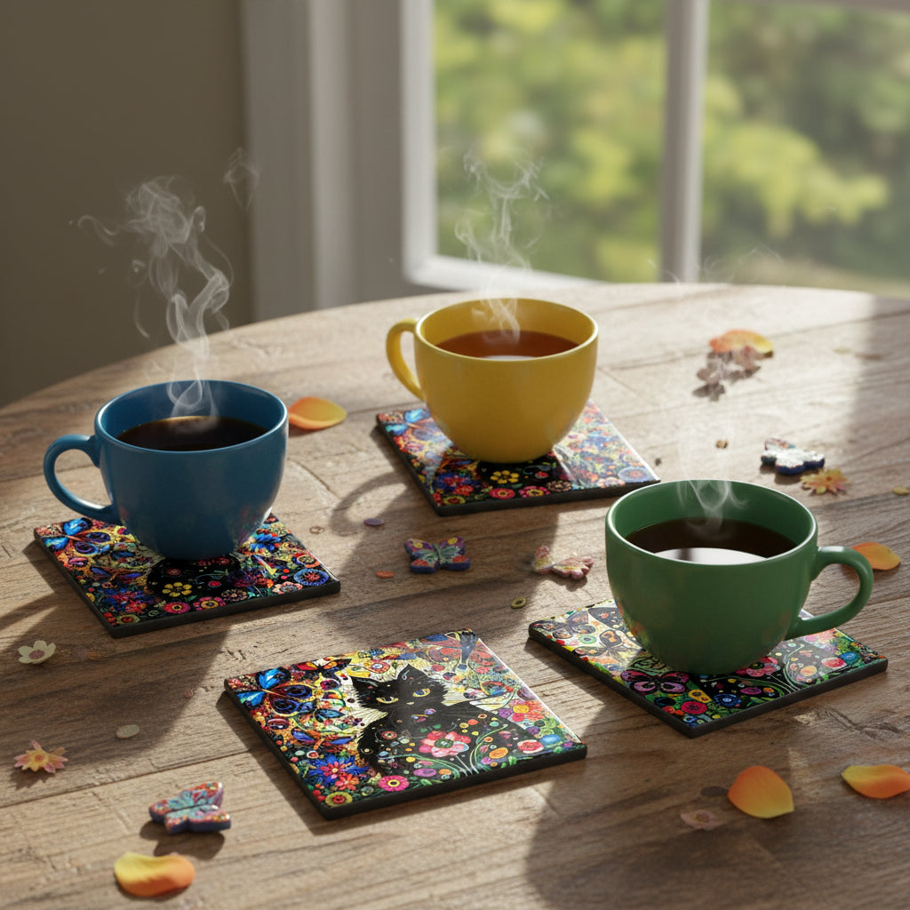 Floral Cat Ceramic Coaster - Set/4