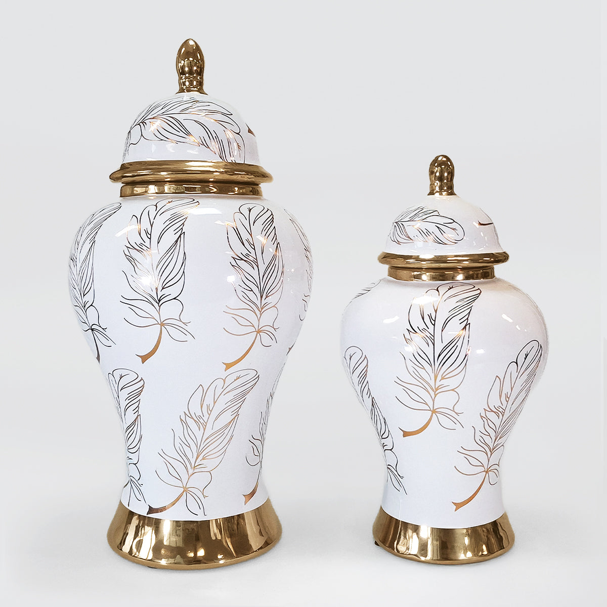 Ginger Jars - White With Gold Feathers