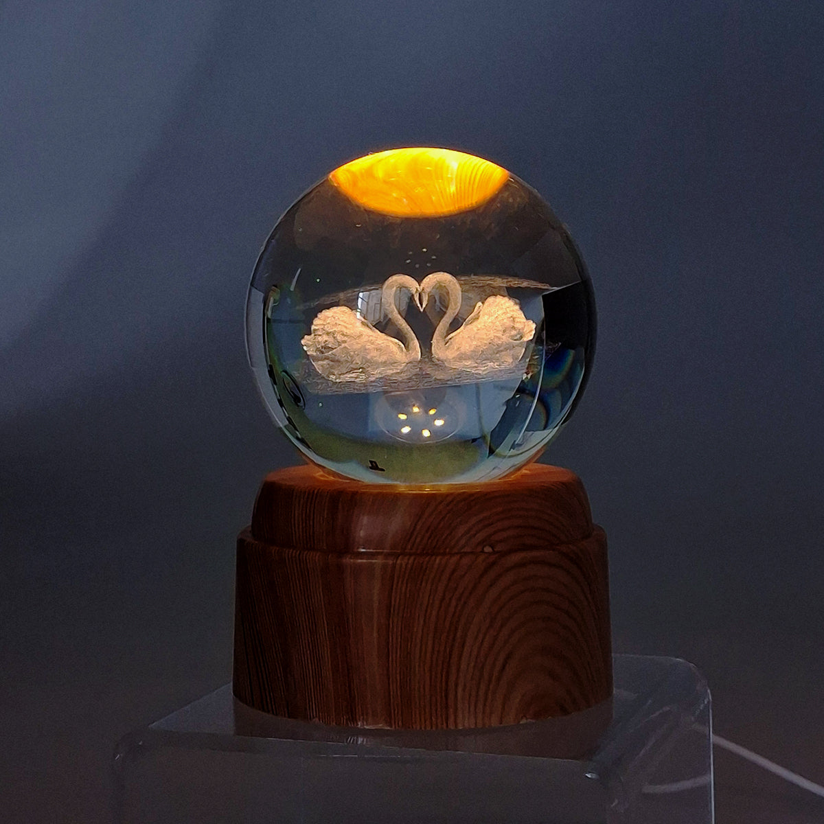 Rotating LED Glass Orb - Swans & Heart