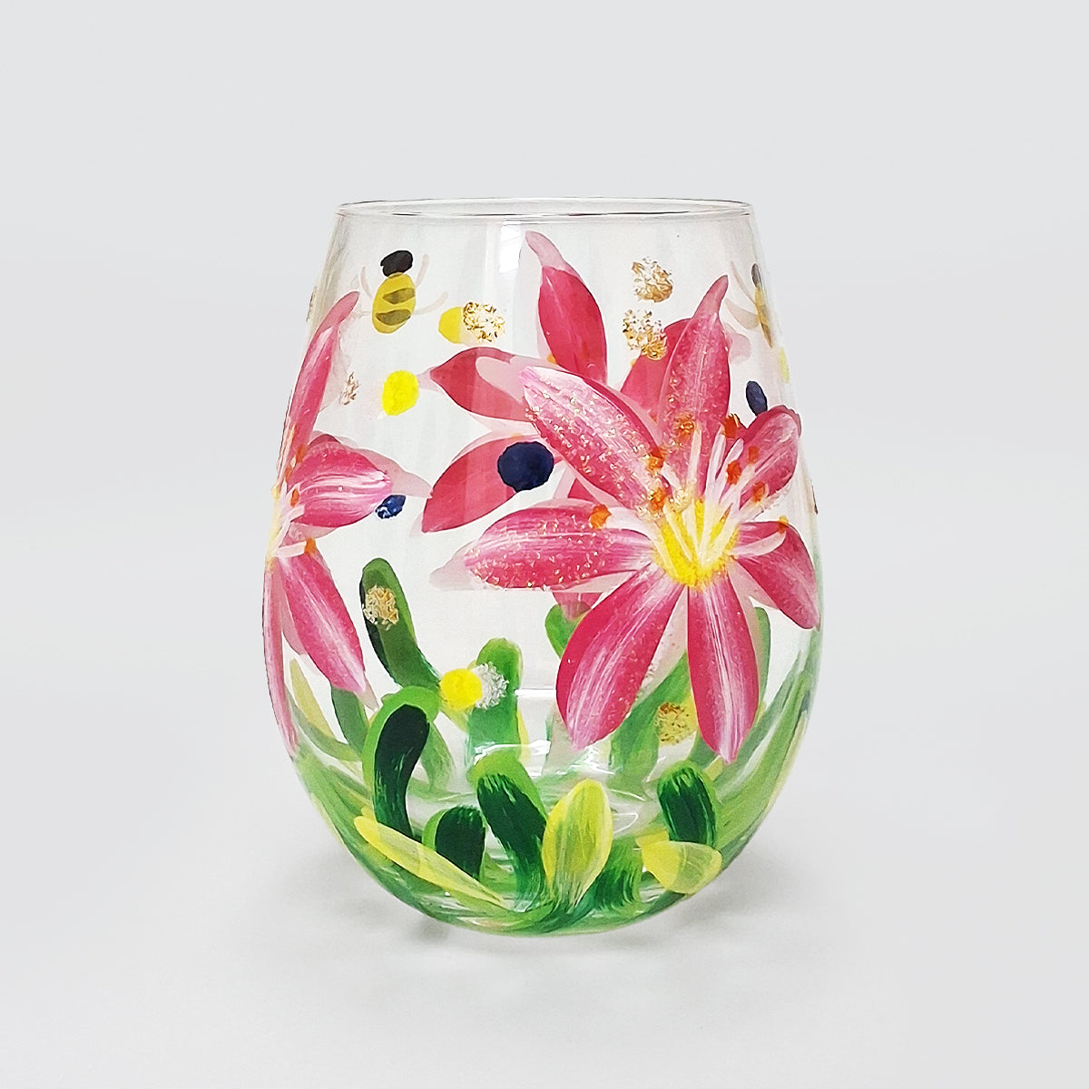 Hand Painted Stemless Glass - Pink Daisies