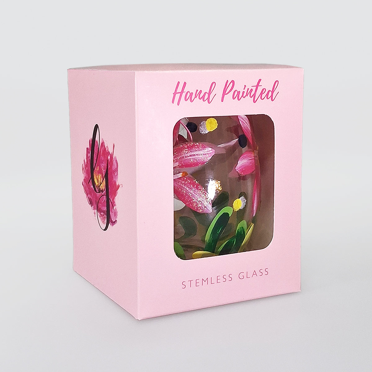 Hand Painted Stemless Glass - Pink Daisies
