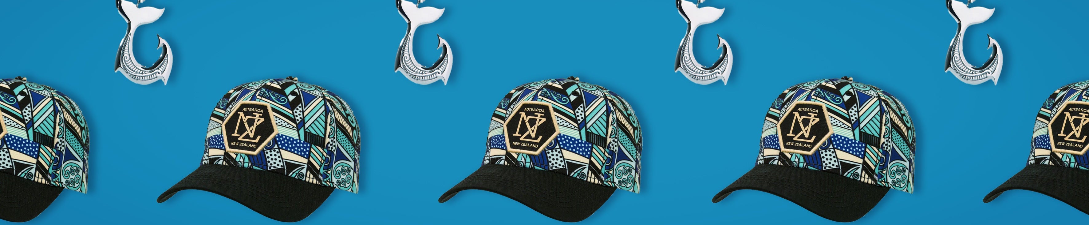 Patterned caps with a brand logo on a blue background