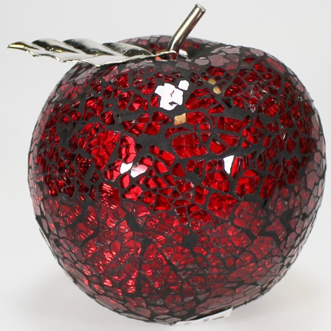 10cm Crackle-glass Red Apple with Silver-look Leaf