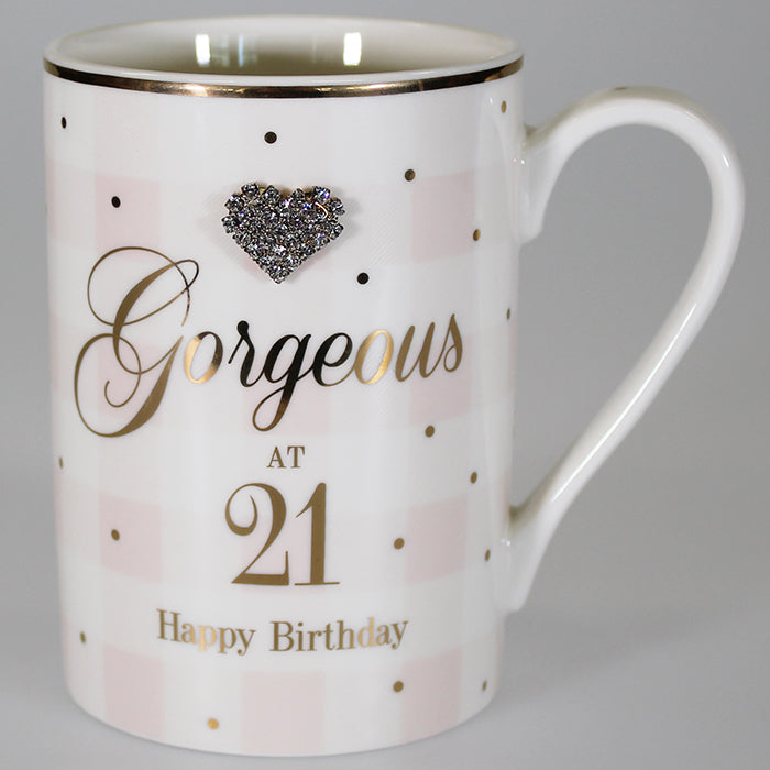 Gorgeous at 21 'Happy Birthday' Mug with Diamante Heart