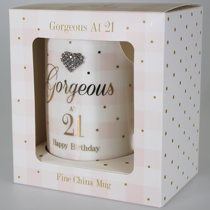 Gorgeous at 21 'Happy Birthday' Mug with Diamante Heart