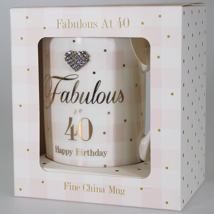 Fabulous at 40 'Happy Birthday' Mug with Diamante Heart