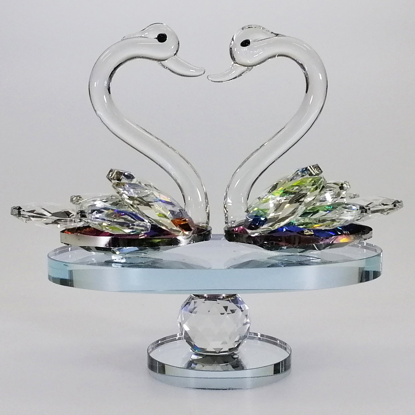 Iridescent Cut Glass Swans on Turnable Mirror Base