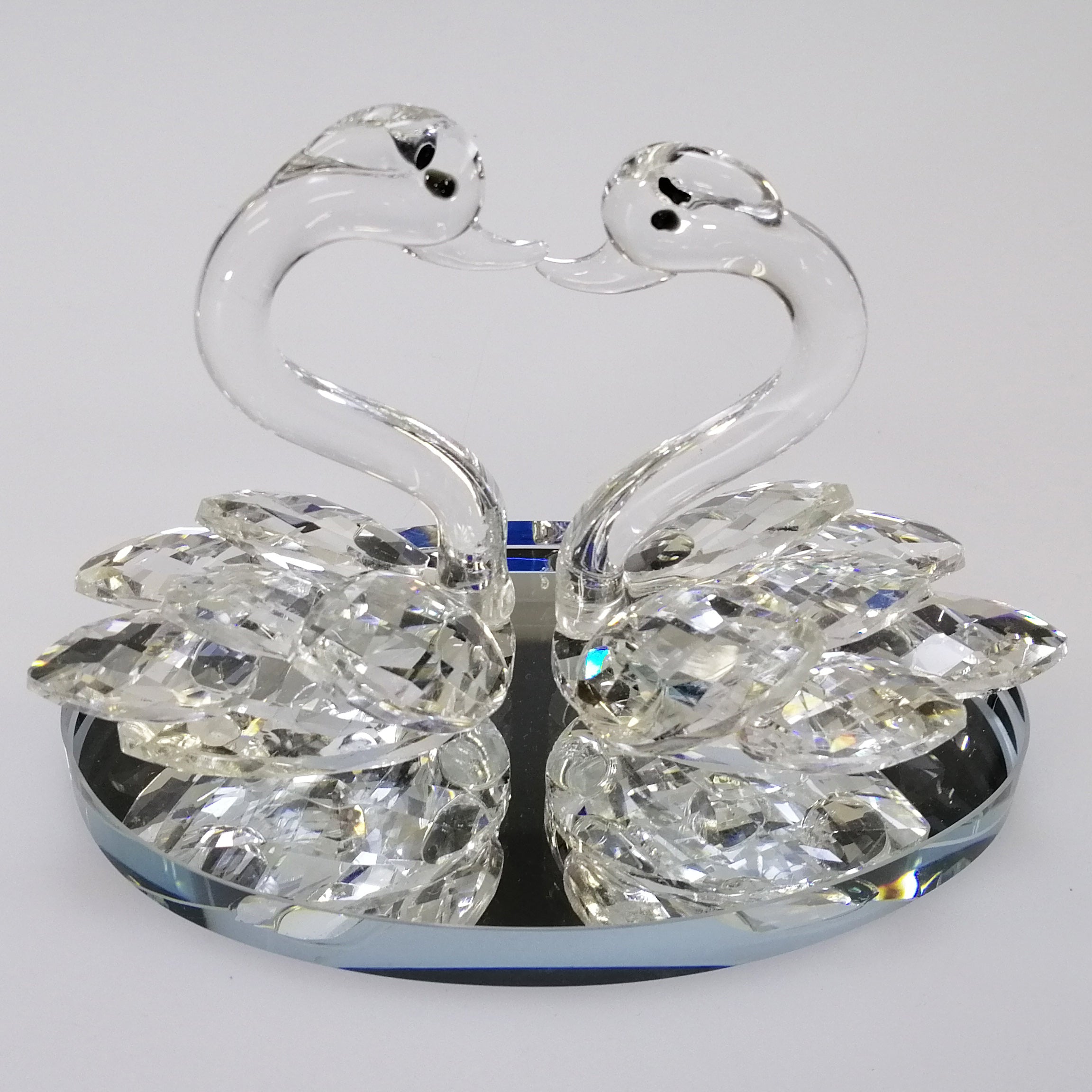 Clear Cut Glass Swans on Mirror Base