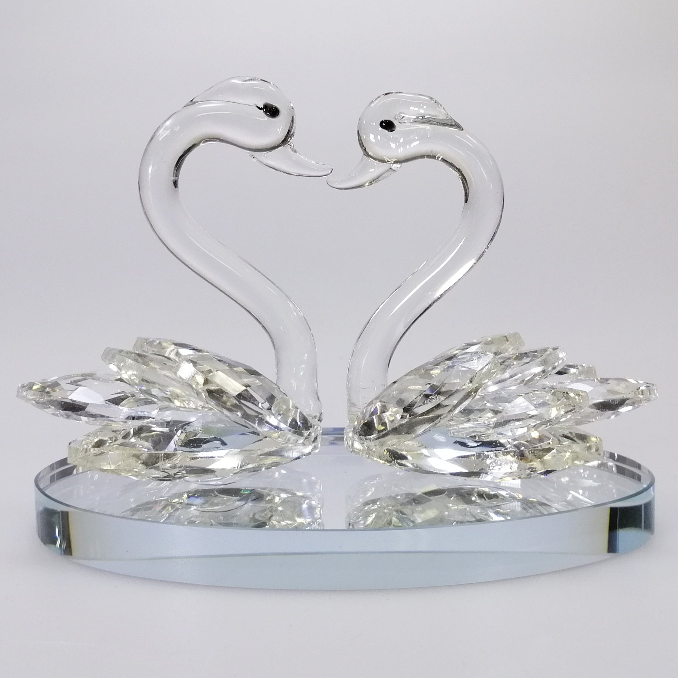 Clear Cut Glass Swans on Mirror Base