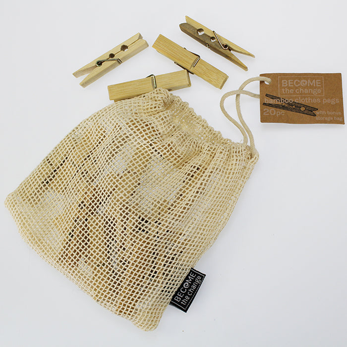 20 Bamboo Clothes Pegs in a Bag