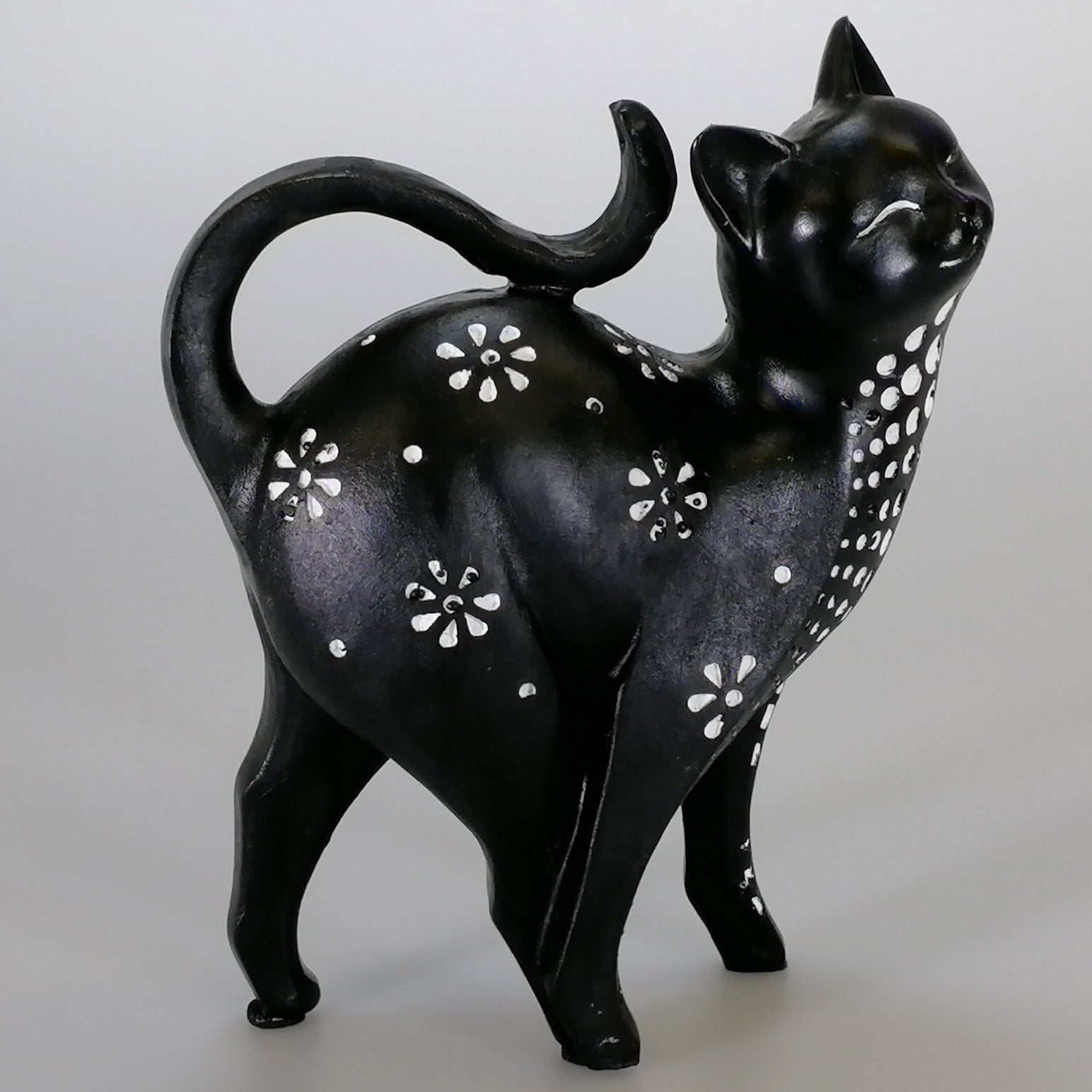Black Cat with White Flowers Figurine