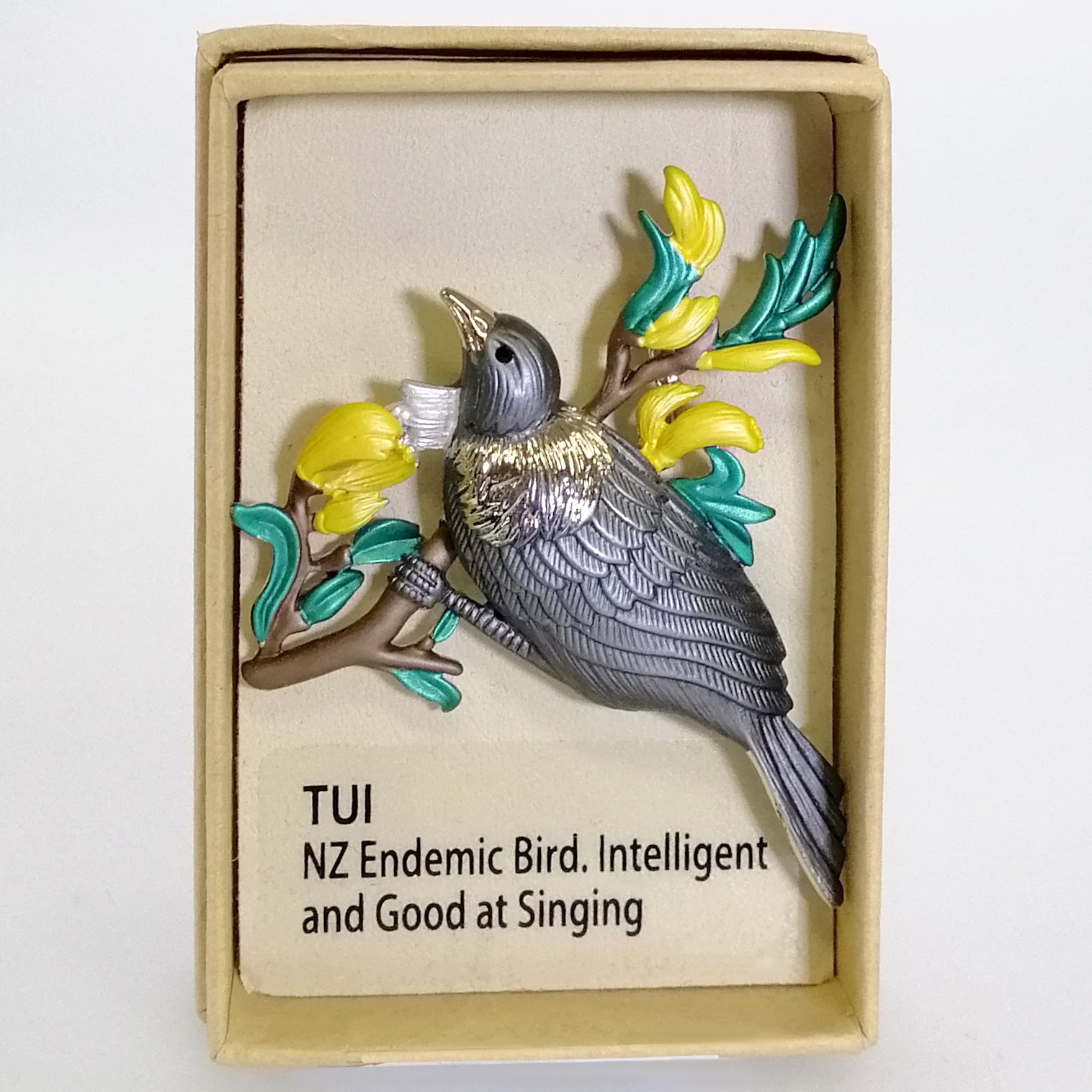 Kiwicraft - Grey Tui on Kowhai Brooch