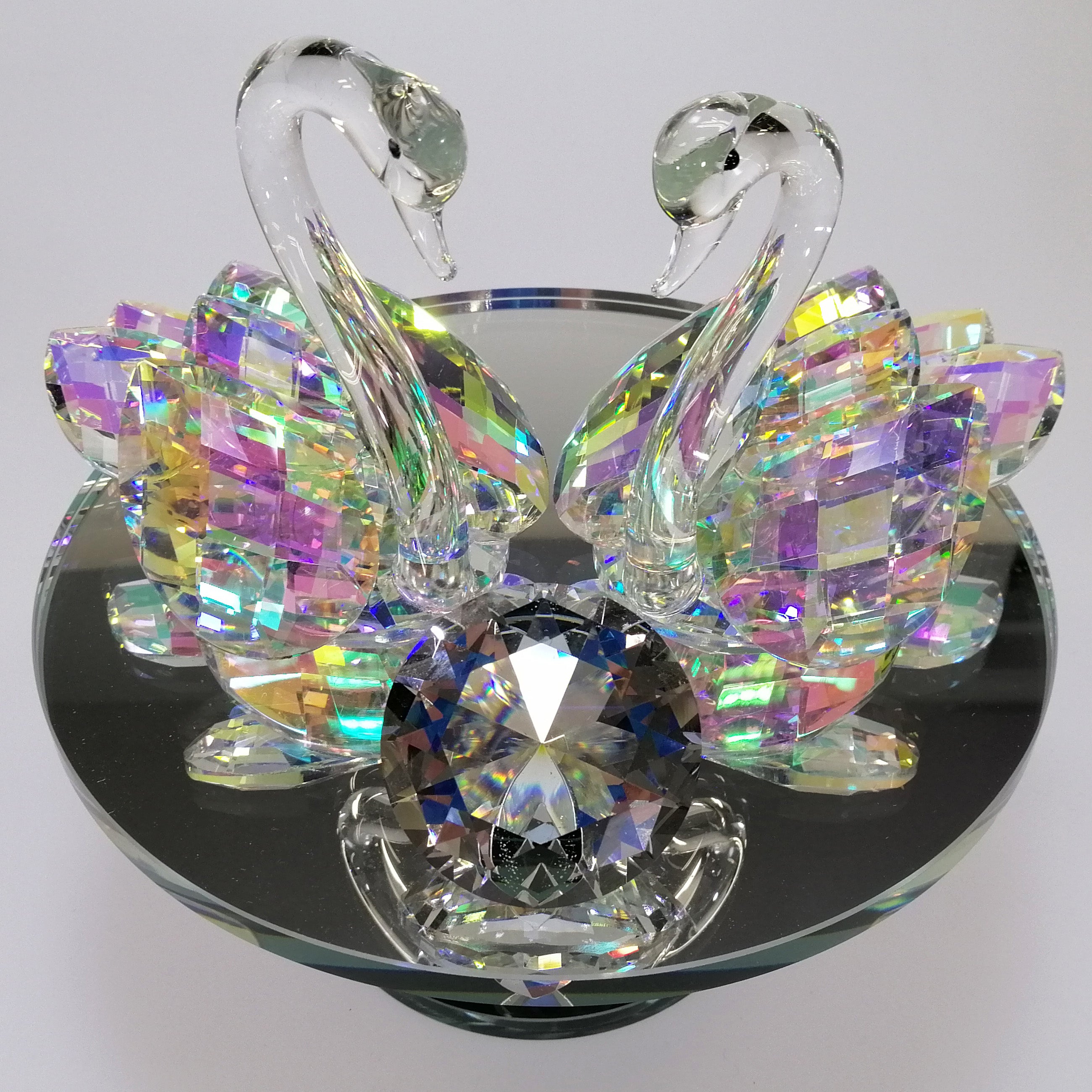 Large Iridescent Cut Glass Swans with Gem on Turnable Mirror Base
