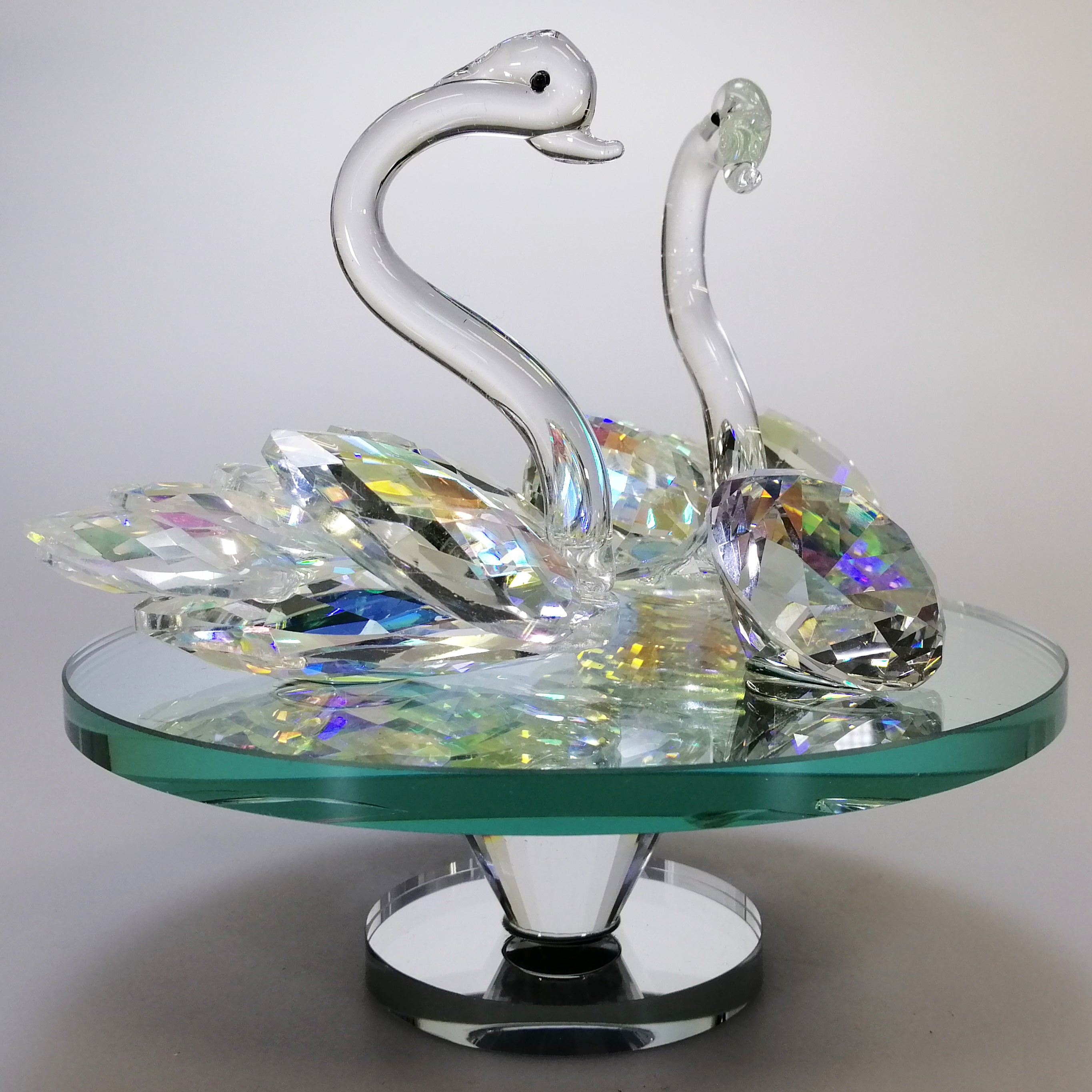 Iridescent Cut Glass Swans with Gem on Turnable Mirror Base