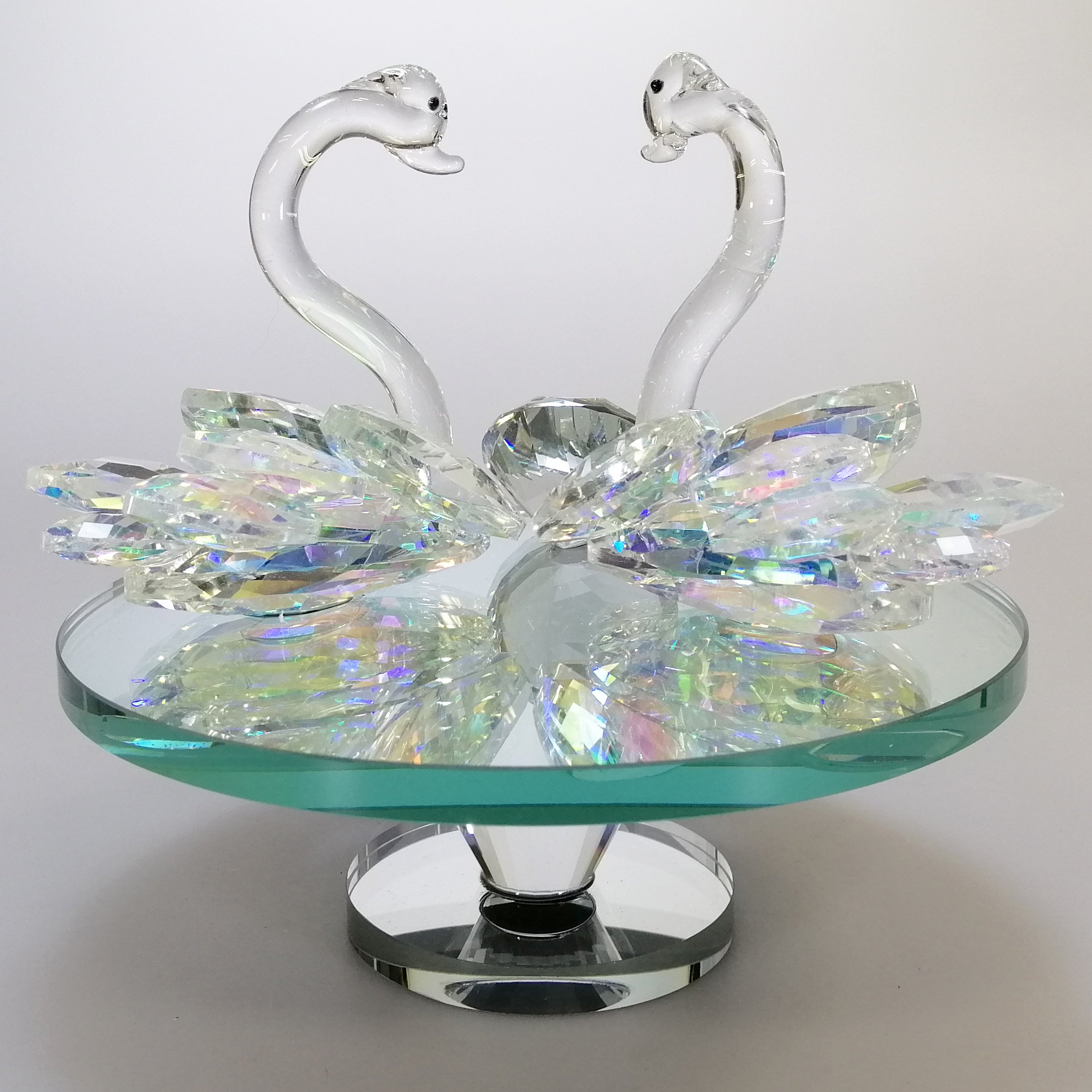 Iridescent Cut Glass Swans with Gem on Turnable Mirror Base