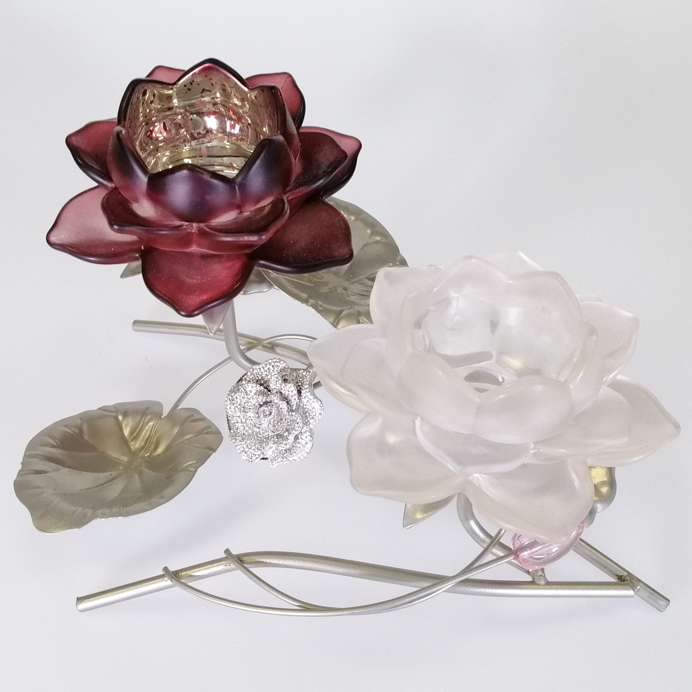 Double Burgundy Horizontal Flower Candle Holder