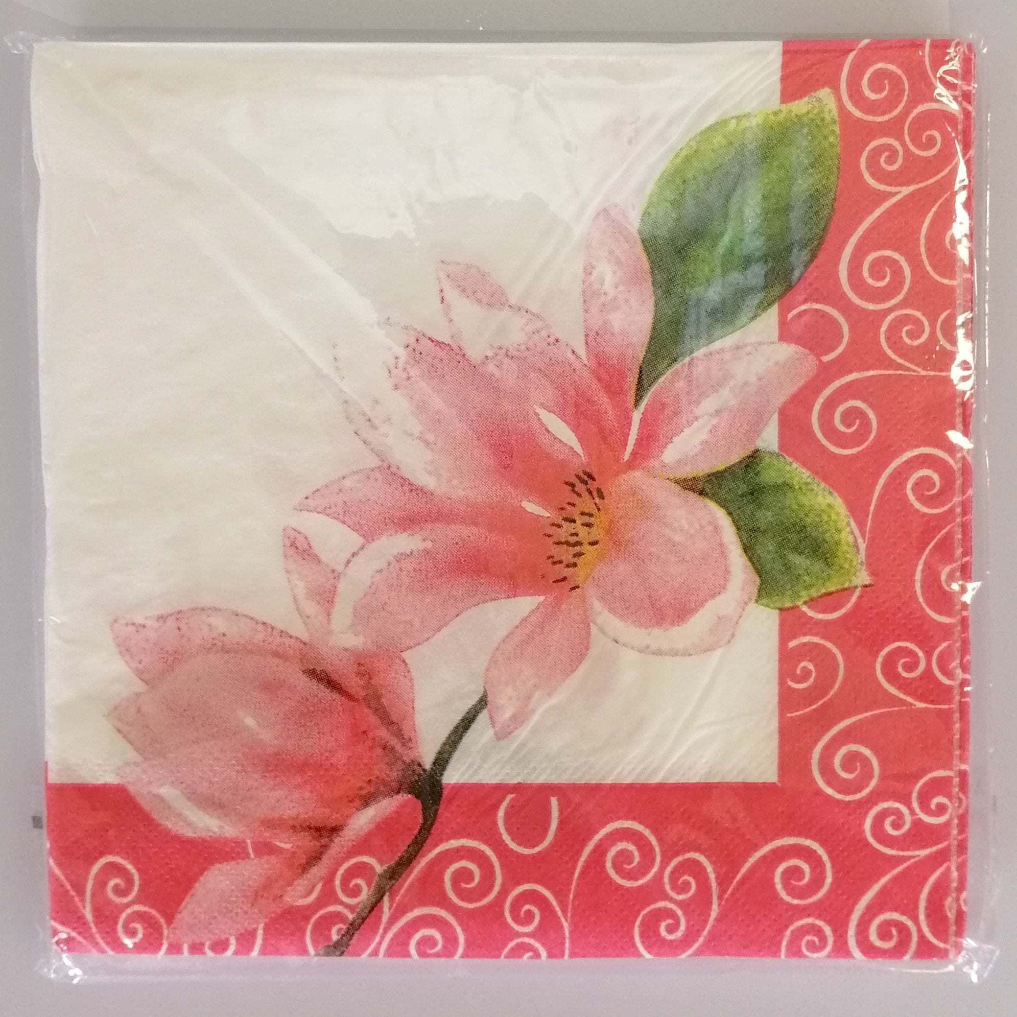 Flower on White with Pink Trim' Paper Napkins - 20