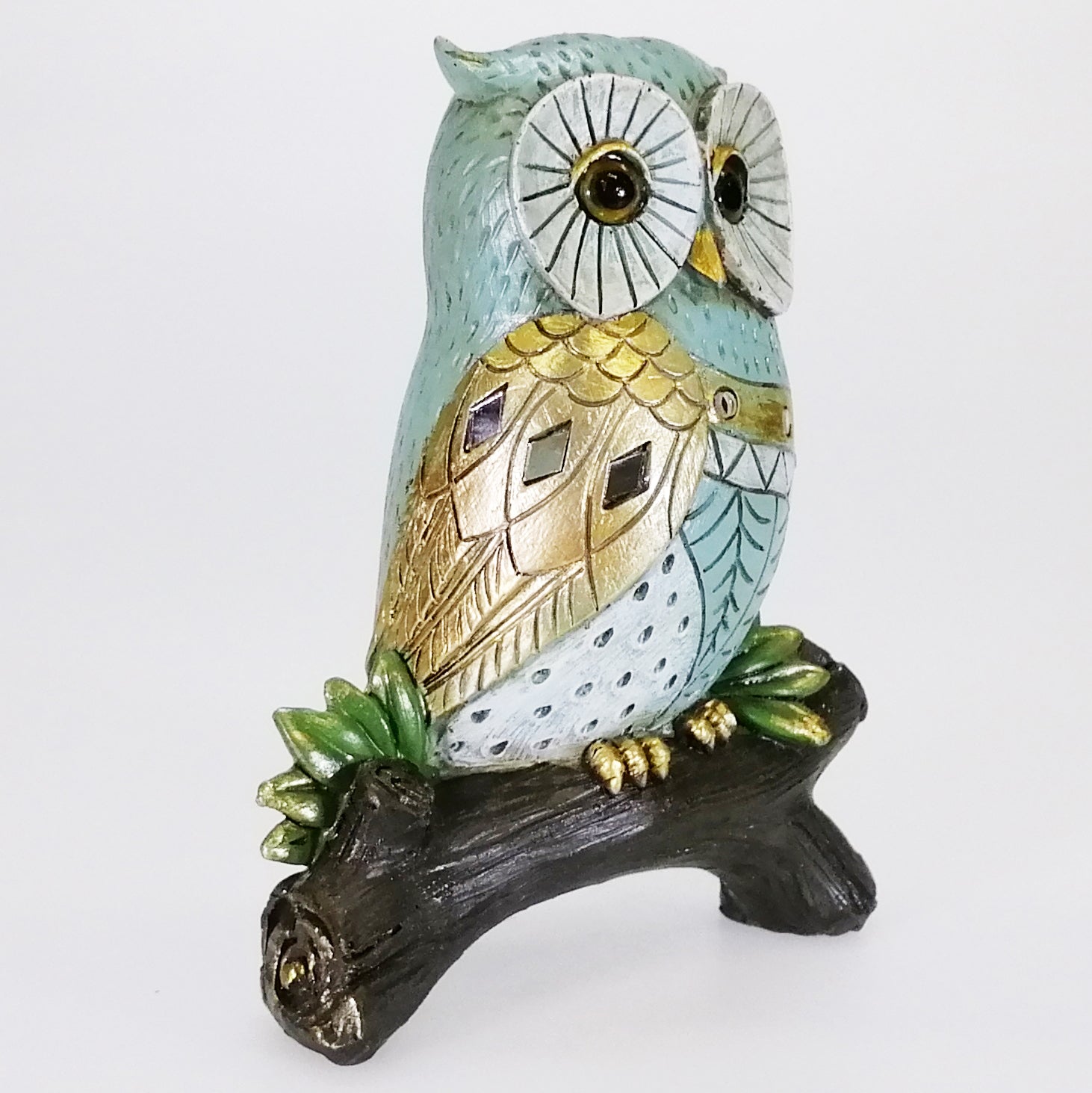 Deco Owl on Branch - Blue & Gold - Medium
