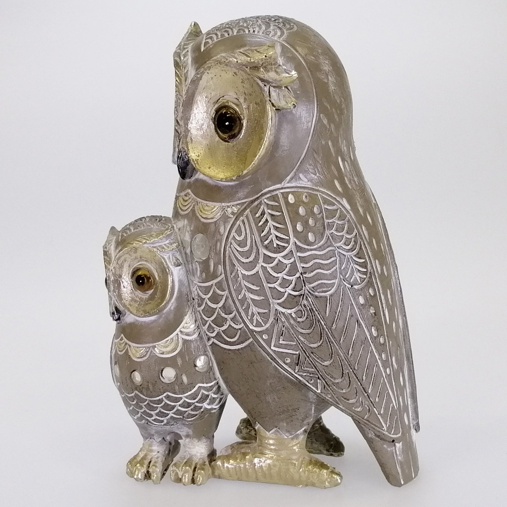 Owl with Chick Figurine - Grey & Gold
