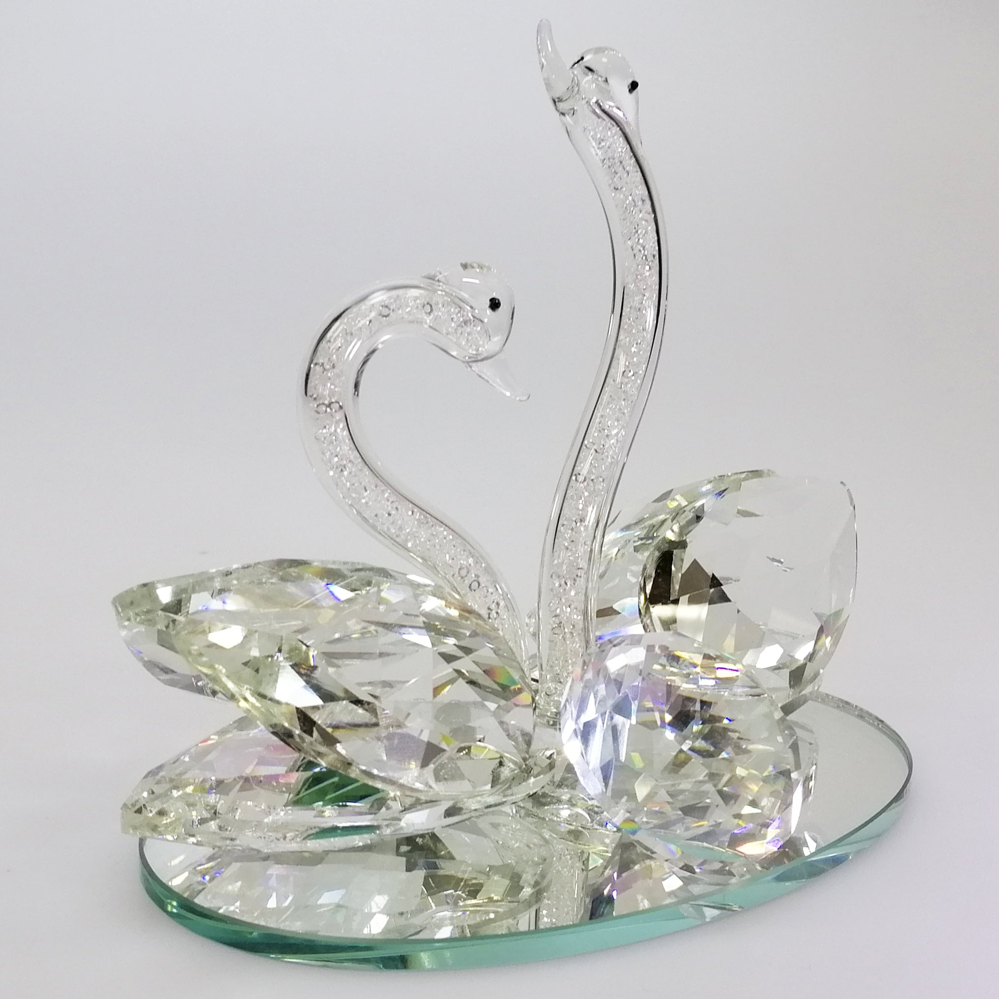 Clear Cut Glass Swans with Out-Stretched Neck on Mirror Base