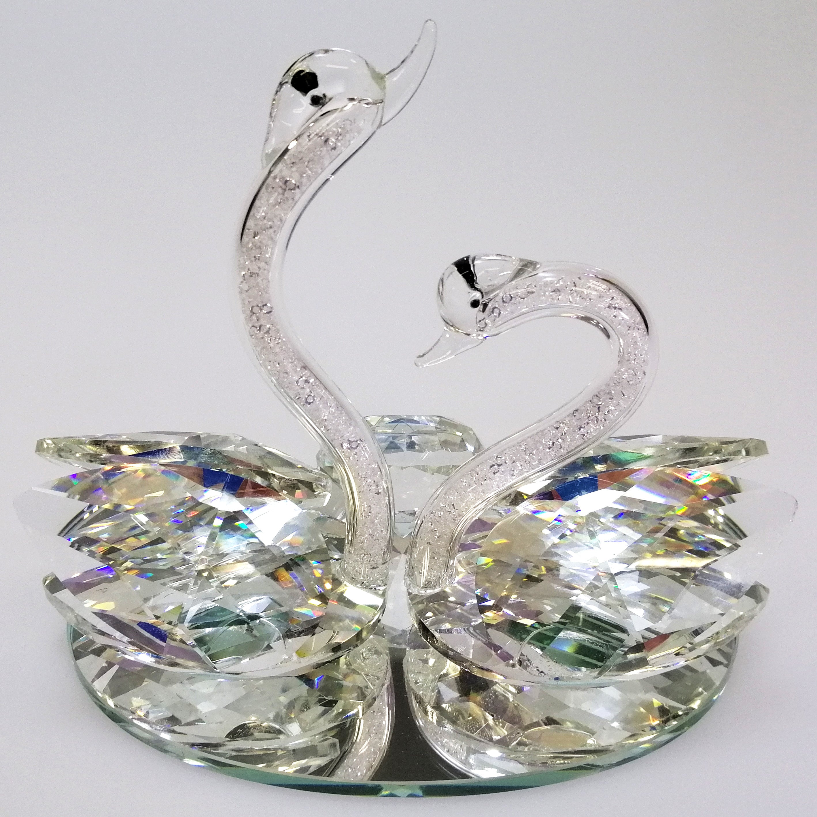 Clear Cut Glass Swans with Out-Stretched Neck on Mirror Base