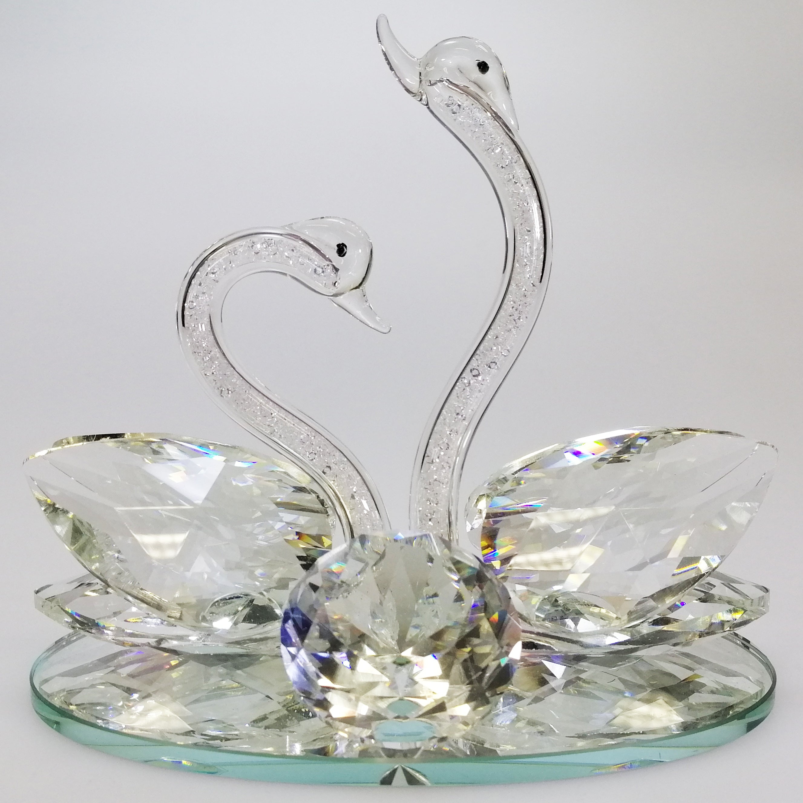 Clear Cut Glass Swans with Out-Stretched Neck on Mirror Base