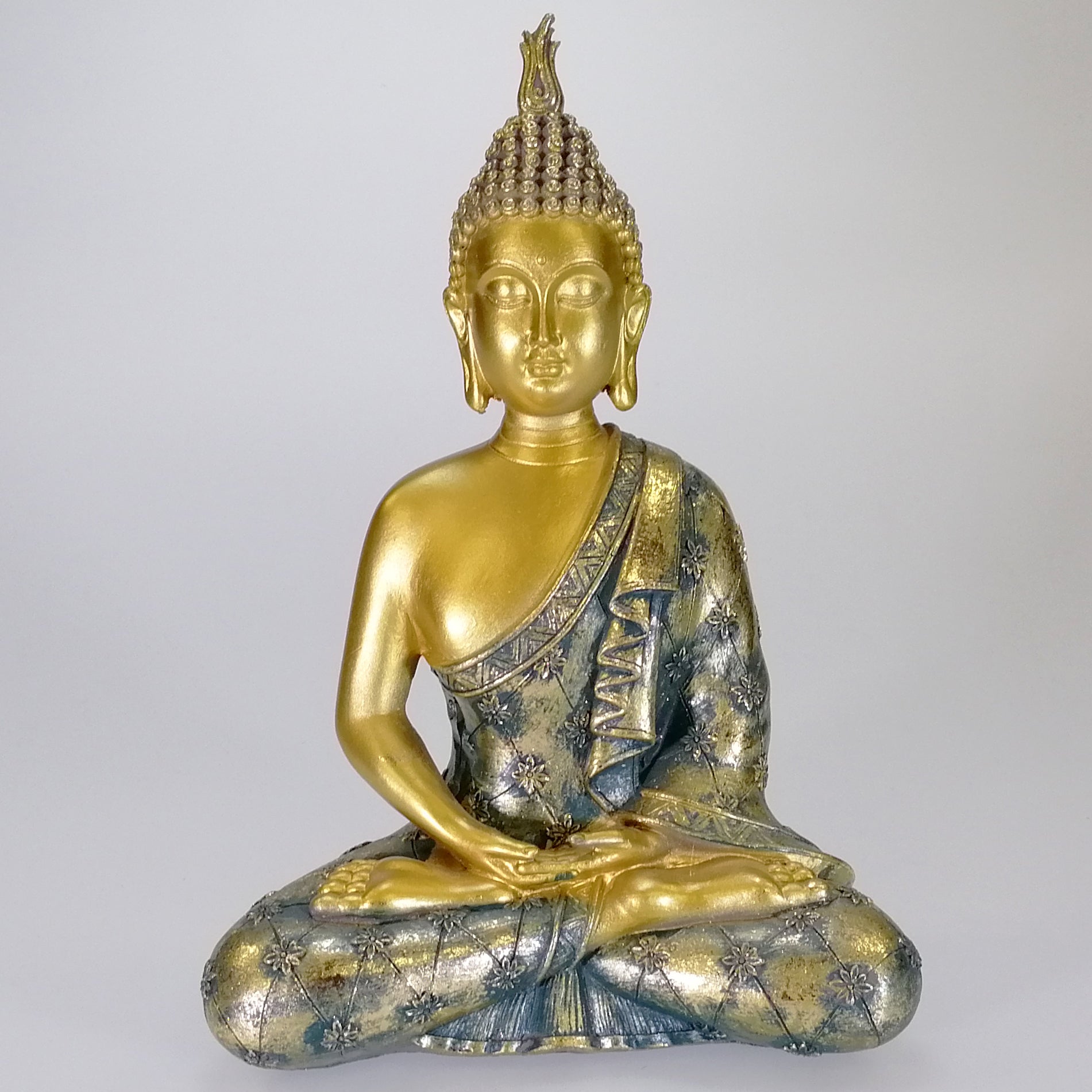 Buddha Figure - Painted Green and Gold - 25cm