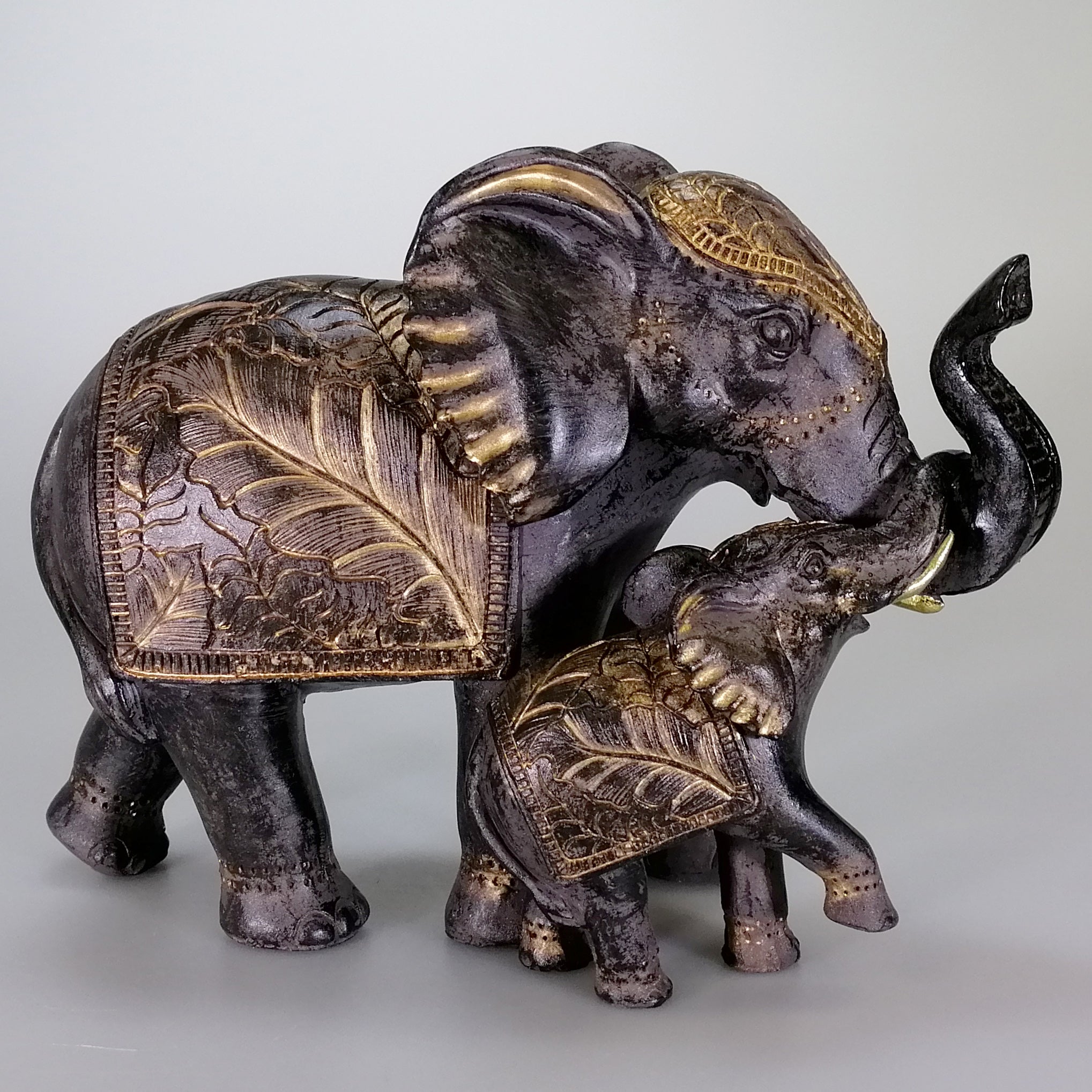 Resin Elephant Painted Black & Gold with Calf - 23cm