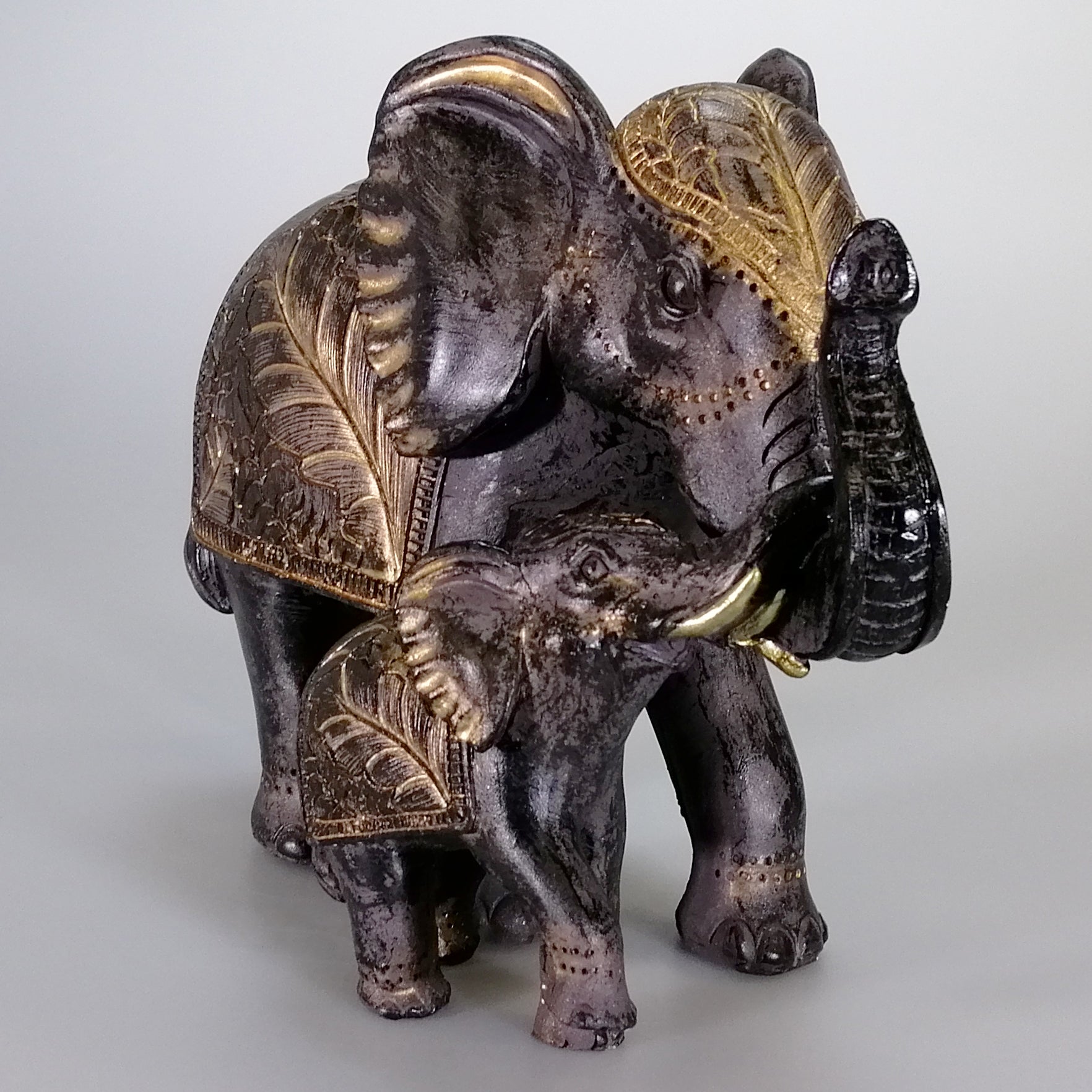 Resin Elephant Painted Black & Gold with Calf - 23cm