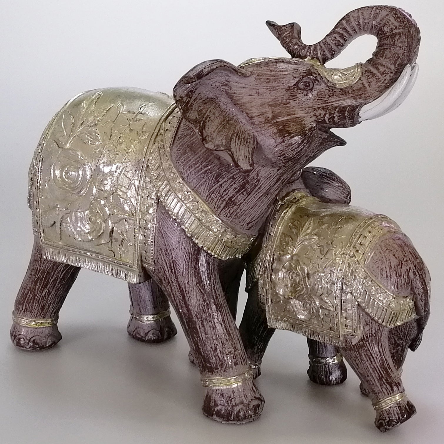 Resin Elephant & Calf With Silver-Look Blankets