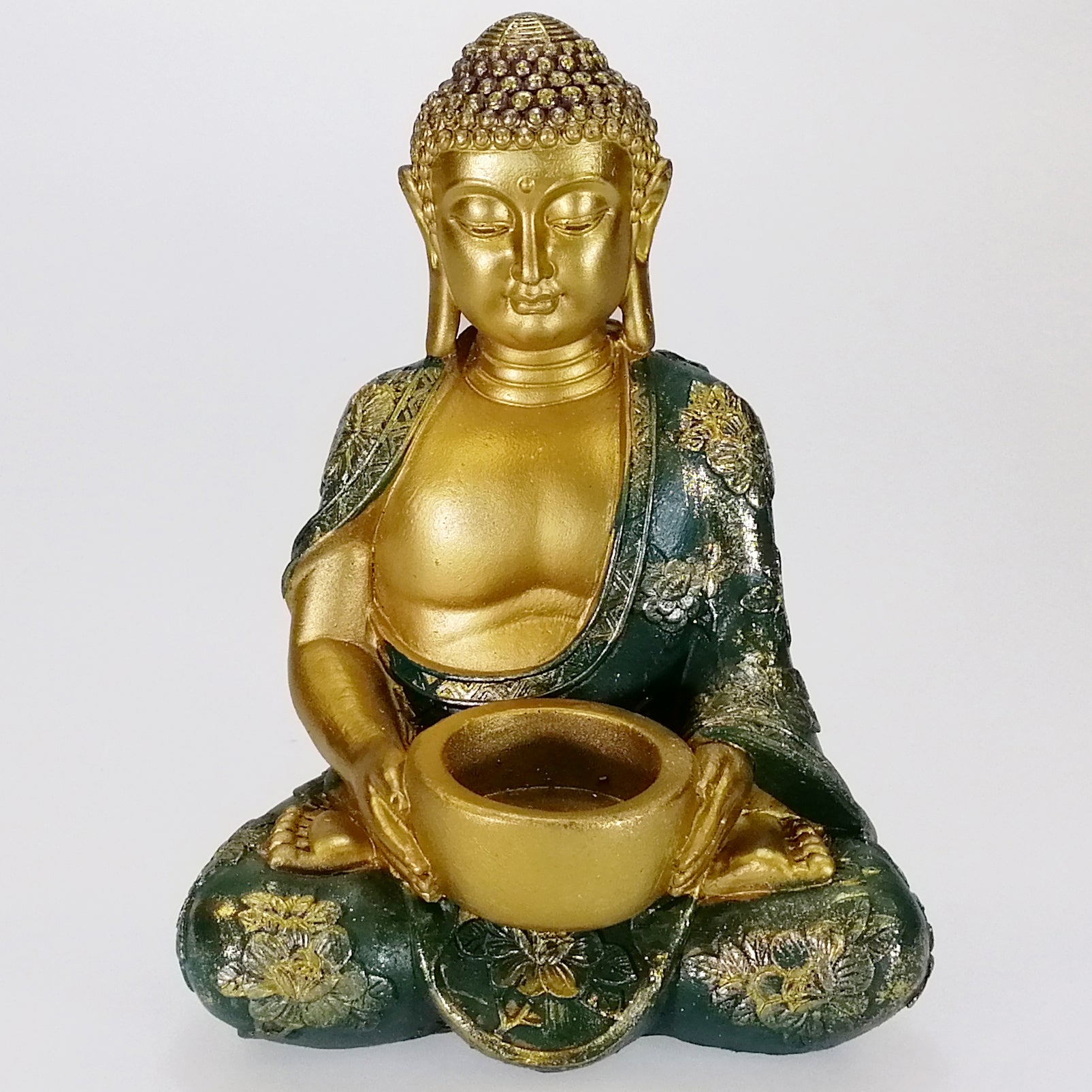 Buddha Candle Holder - Painted Green and Gold