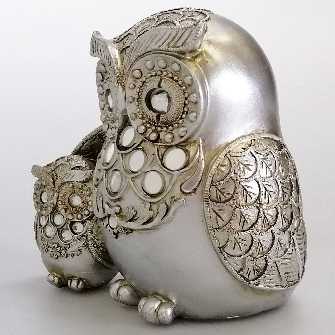 Owl with Chick Figurine - Silver-Look