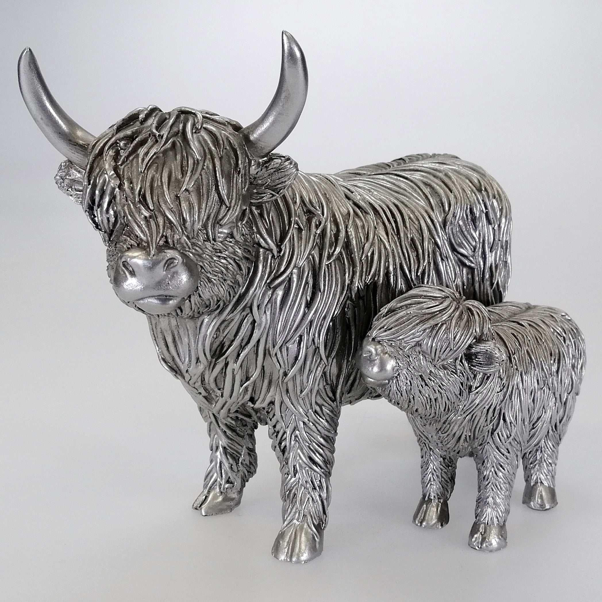 Silver-Look Highland Cow and Calf Figurine - Large