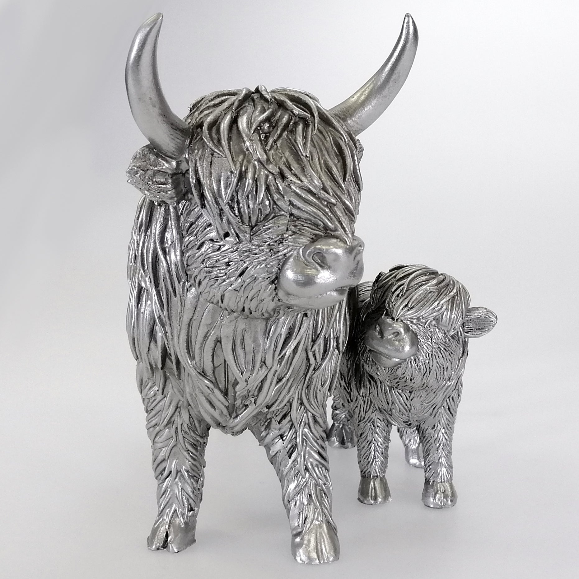 Silver-Look Highland Cow and Calf Figurine - Large