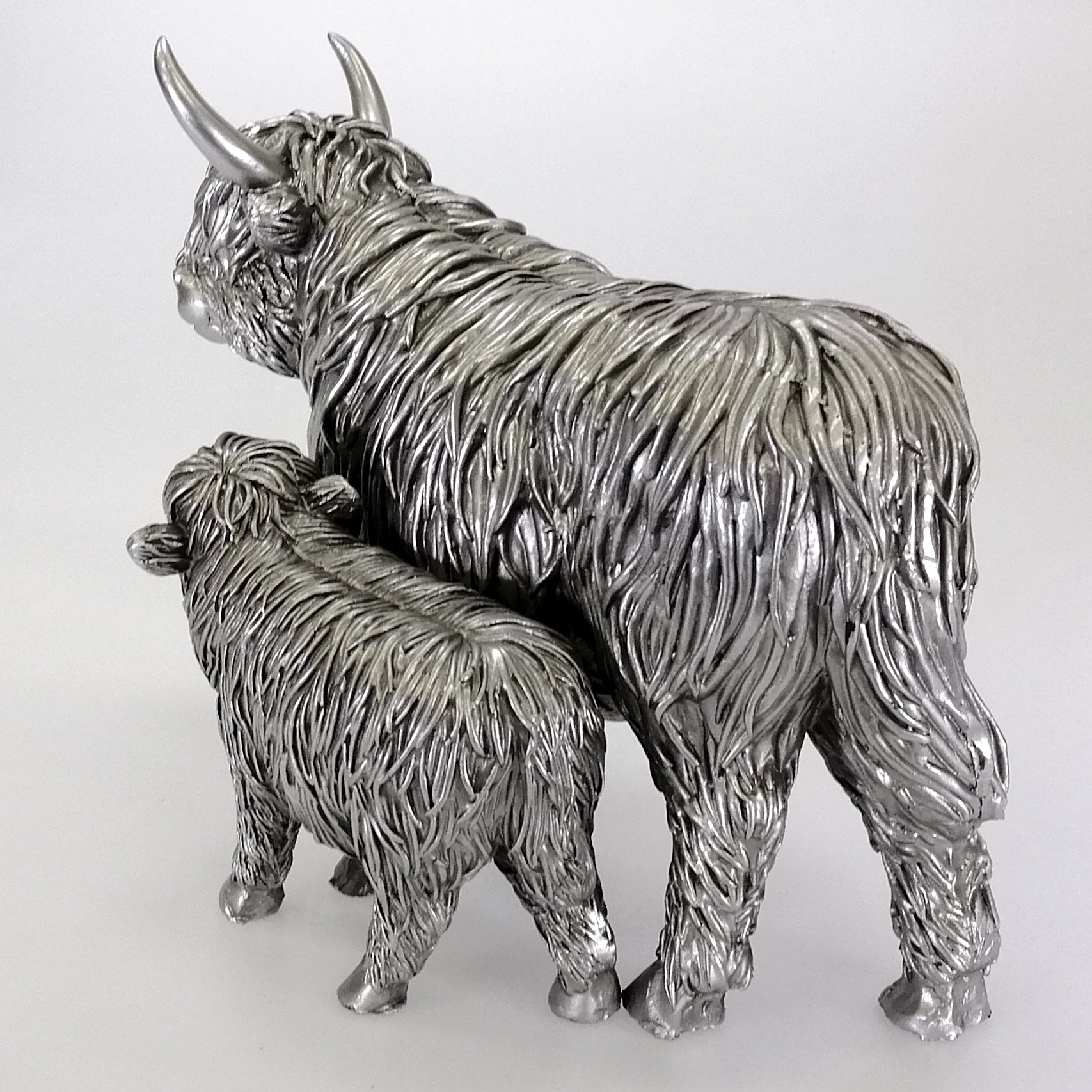 Silver-Look Highland Cow and Calf Figurine - Large