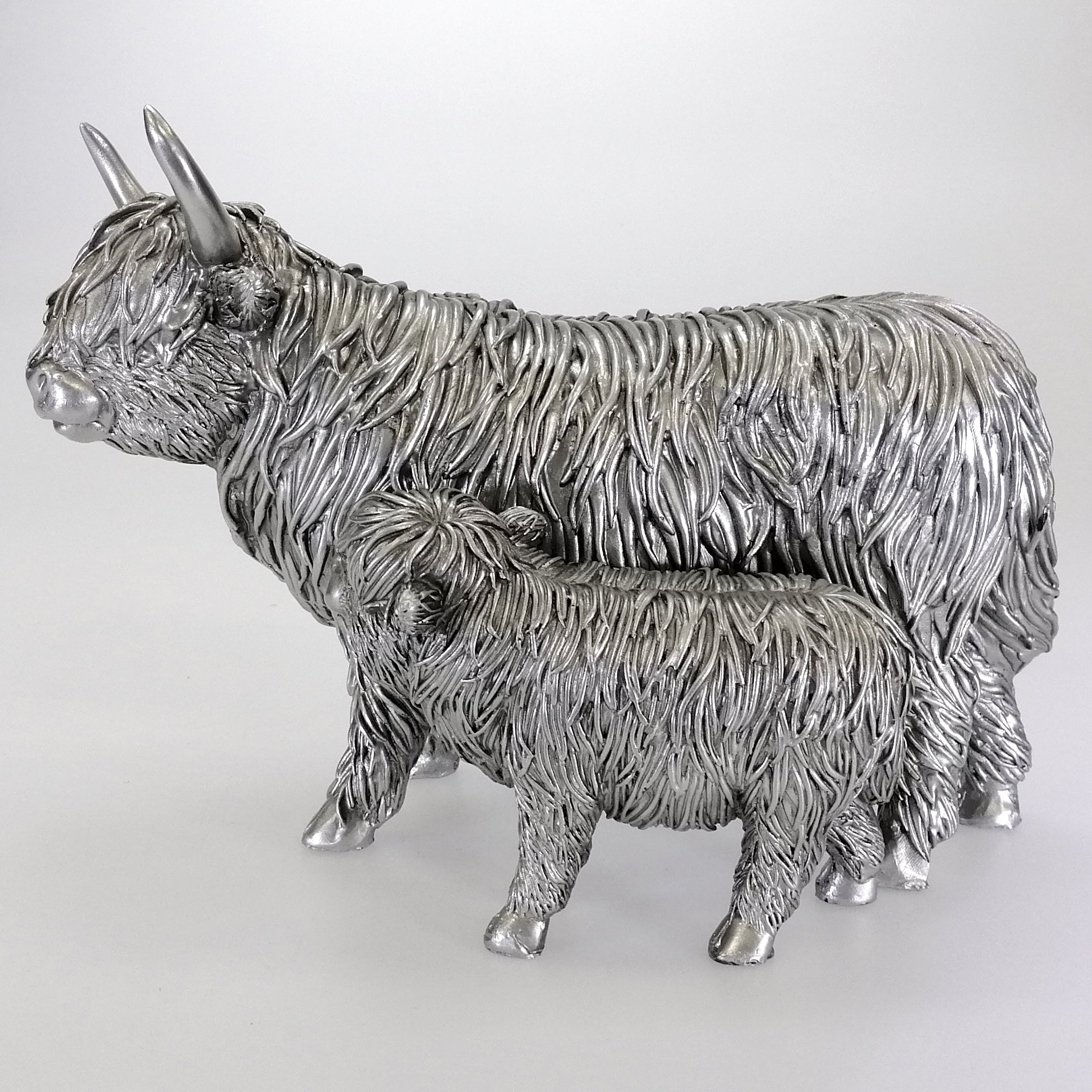 Silver-Look Highland Cow and Calf Figurine - Large