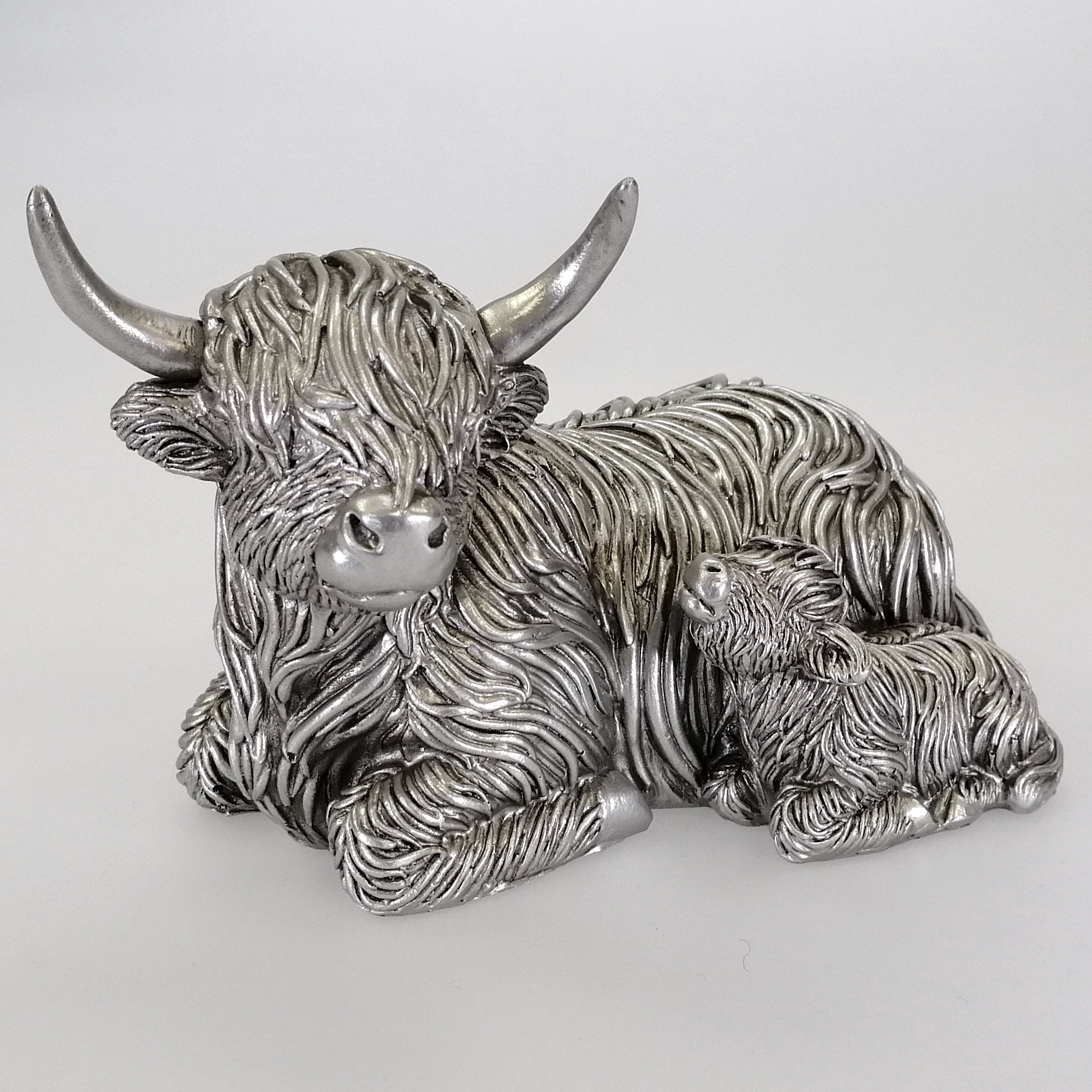 Silver-Look Resting Highland Cow and Calf Figurine