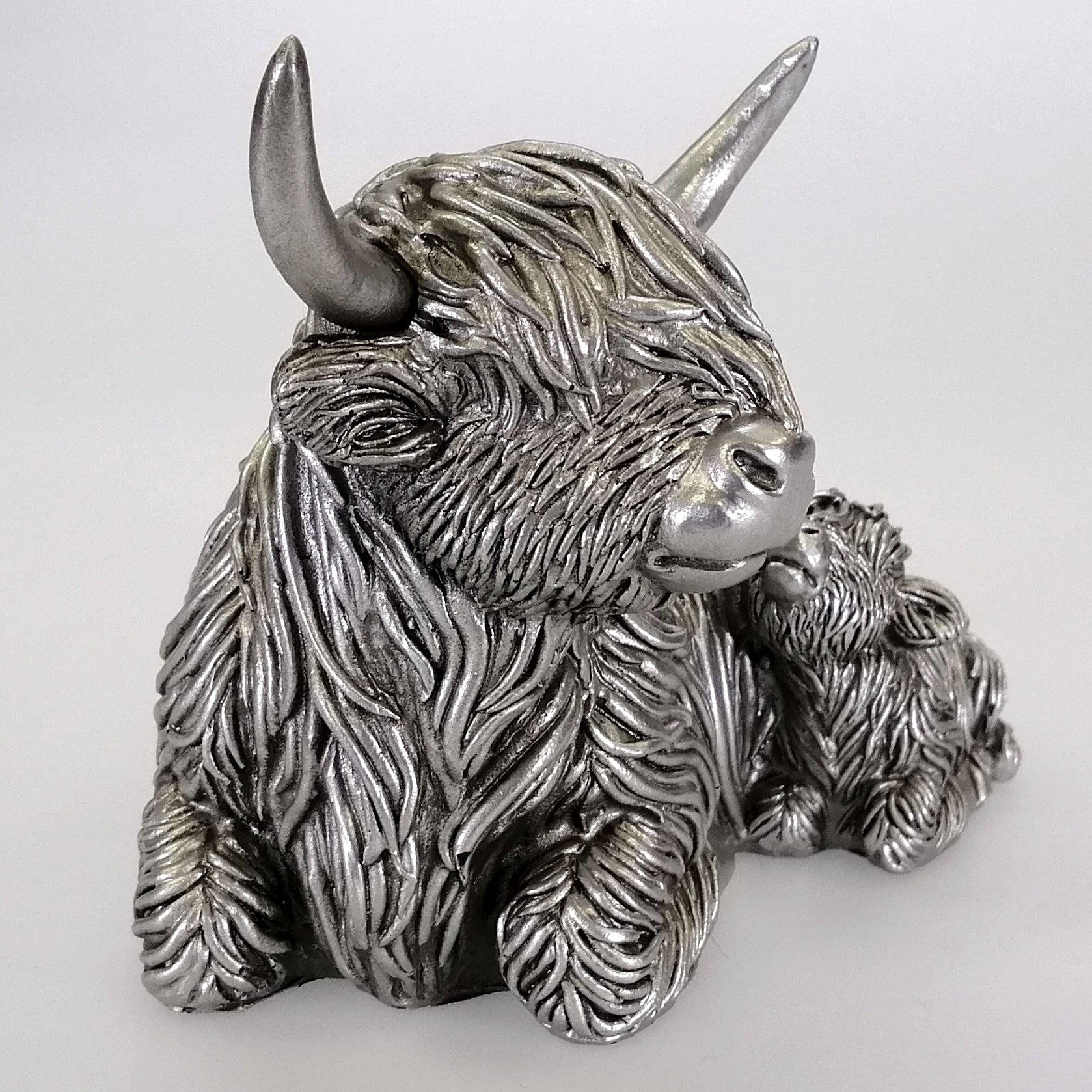 Silver-Look Resting Highland Cow and Calf Figurine