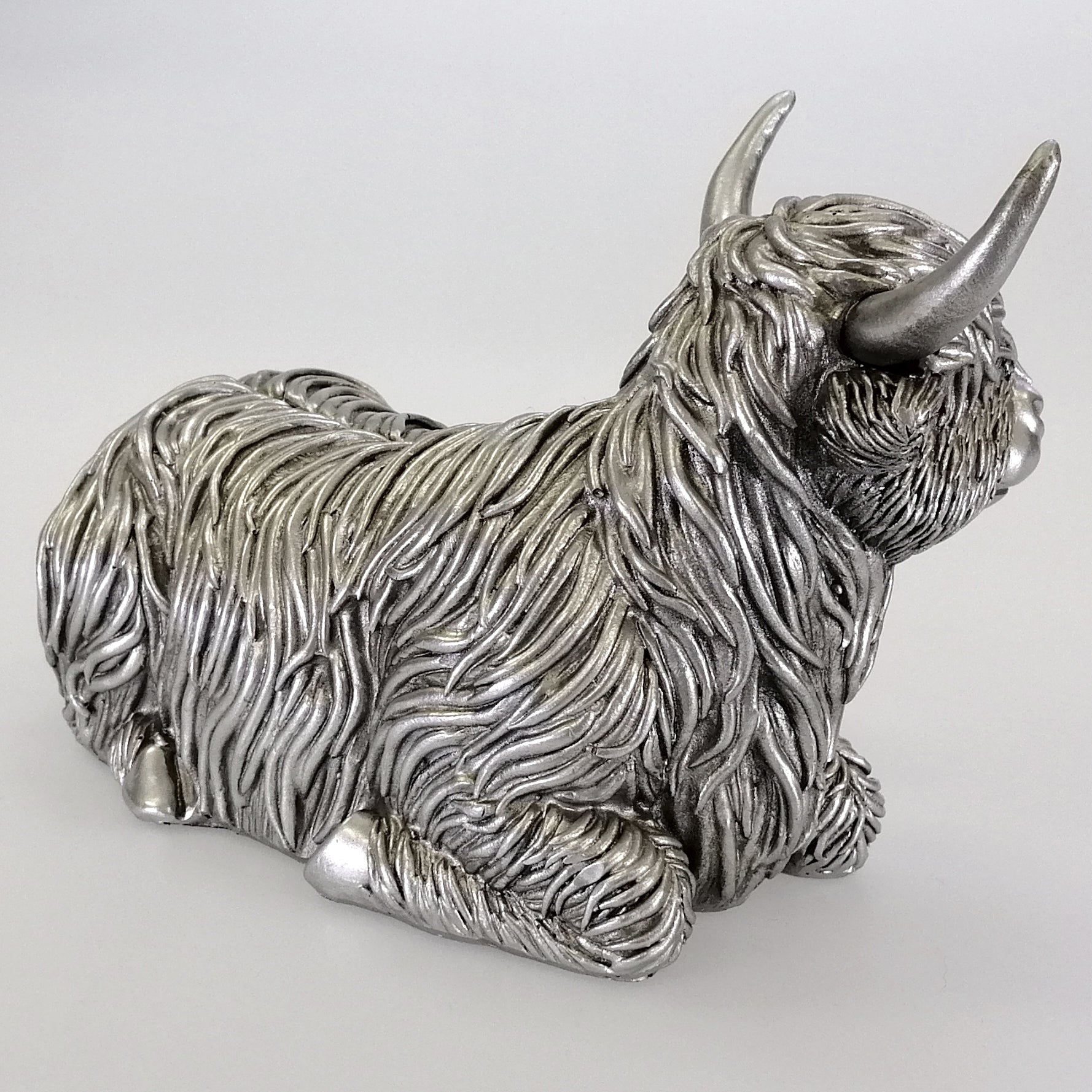 Silver-Look Resting Highland Cow and Calf Figurine