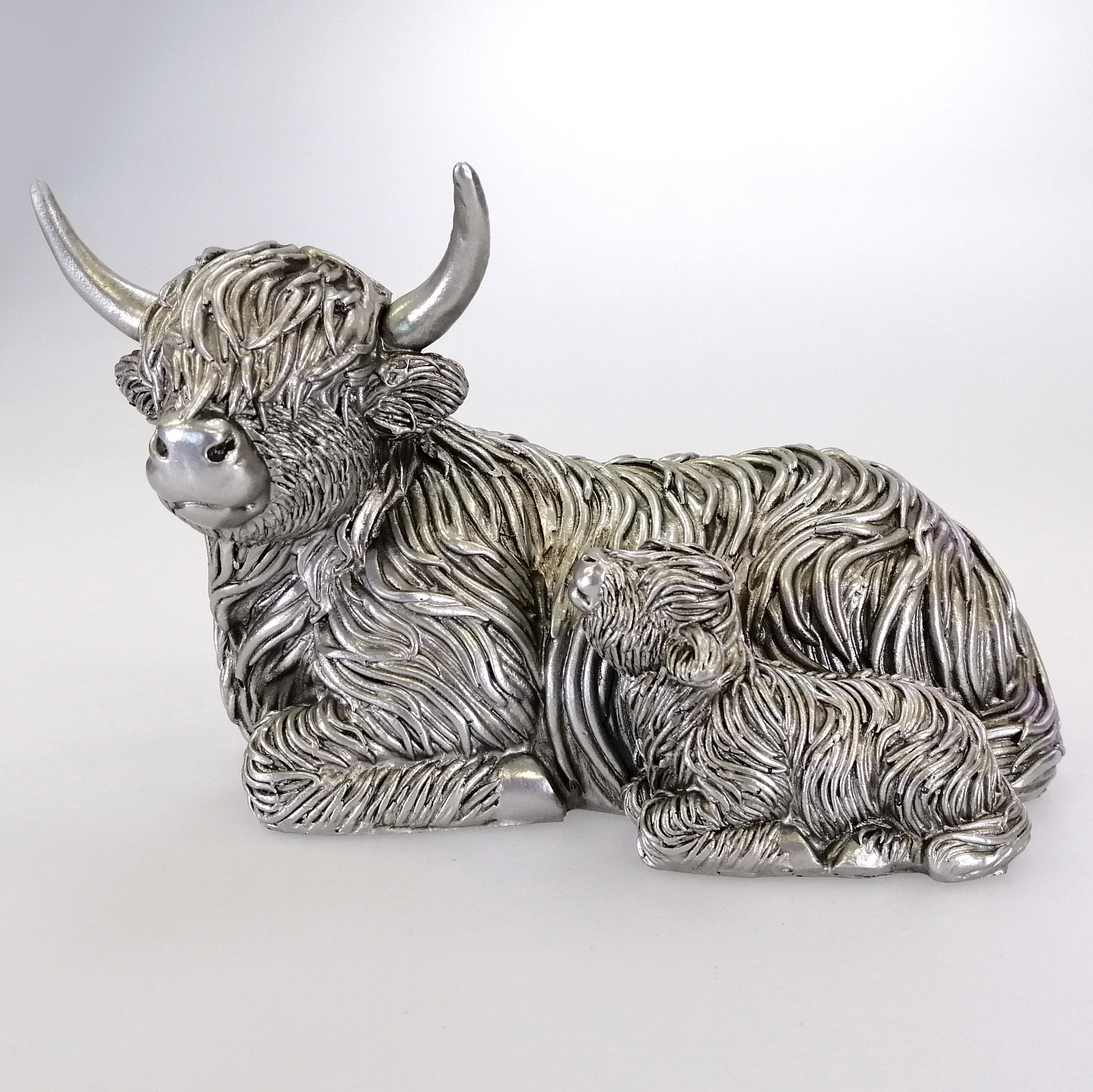 Silver-Look Resting Highland Cow and Calf Figurine