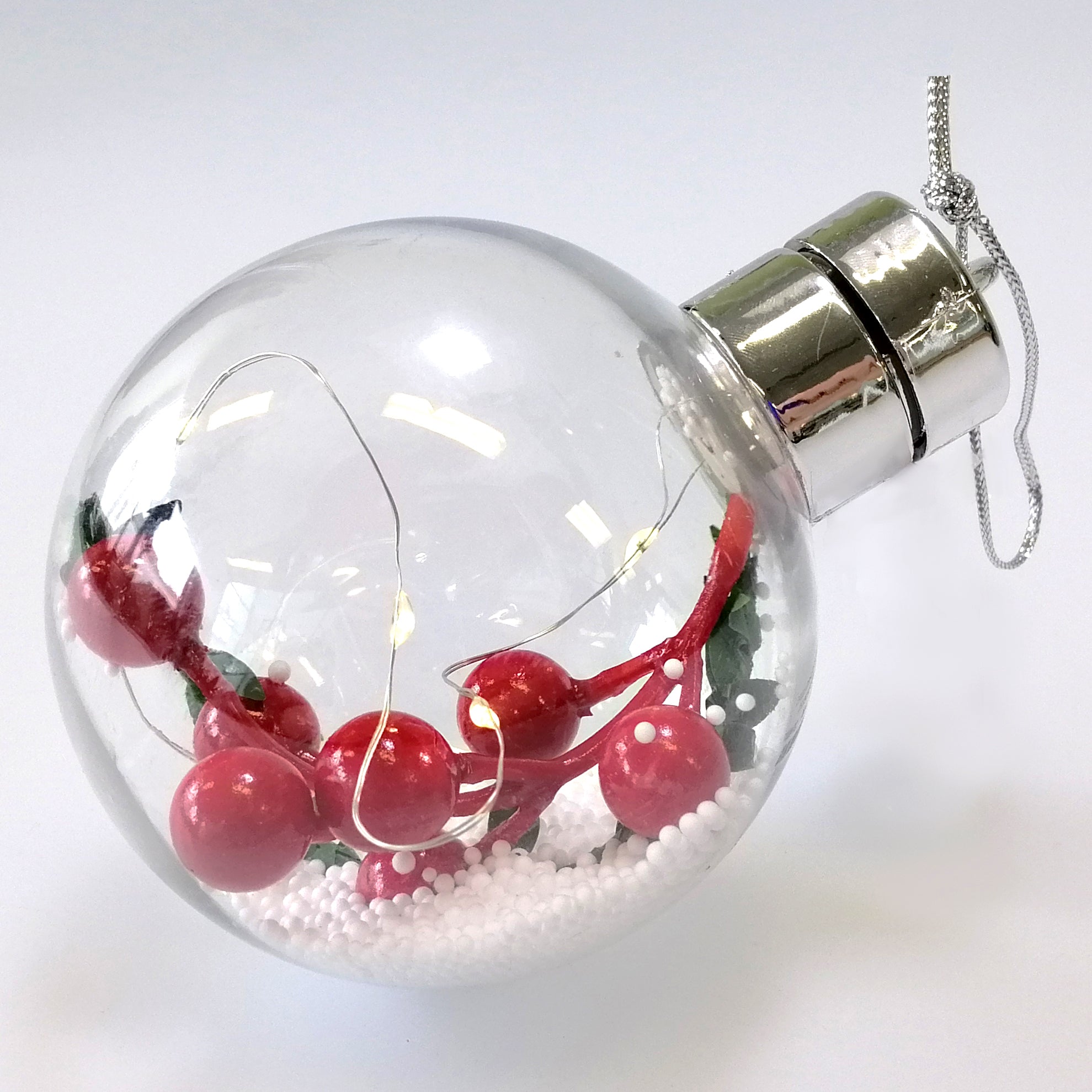 Hanging Glass Bauble - Round Holly - Light Up